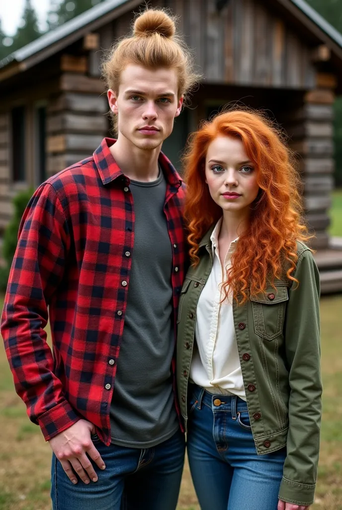 A couple stands in front of a rustic cabin. Rustic blond , big-haired young man with a bun , muscular background with a red plaid shirt and a serious look 
A young red-haired woman with curly hair with greenish eyes and white skin. wears a white blouse and...