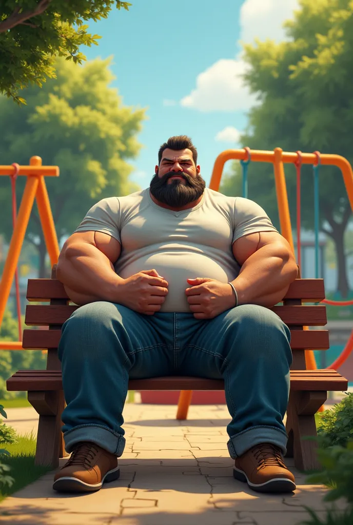 Make me a big boy sitting on a bench that is on a playground 