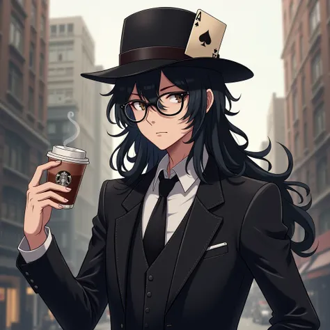 And one with a vest in a black and white suit with long black and wavy hair with a hat with a deck attached to the hat wears round and black glasses holding an anime-style coffee