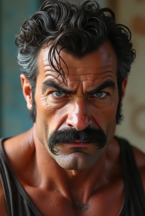 A tall, tanned man with dark brown hair with noticeable graying hair, a curly strand of hair hanging from his his hair with bright blue eyes, faint dark freckles, a frustrated but angry expression while wearing the van dyke mustache, with a wide bulky body...