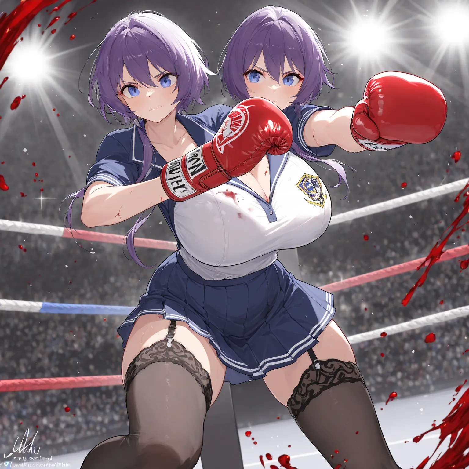 mother heavy weight pro boxer, everlast boxing glove, UHD, retina, super detail, high details, high quality, best quality, 4K, quality, garter stockings, Large Breasts, covered in blood by boxing glove, wear the highschool uniform