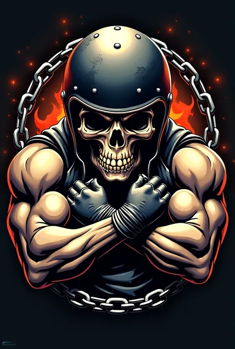 Motorcycle club logo, in the background two arms holding each other tightly,  then a skull with a motorcycle helmet holding a motorcycle handle, image contoured with a metal chain. 