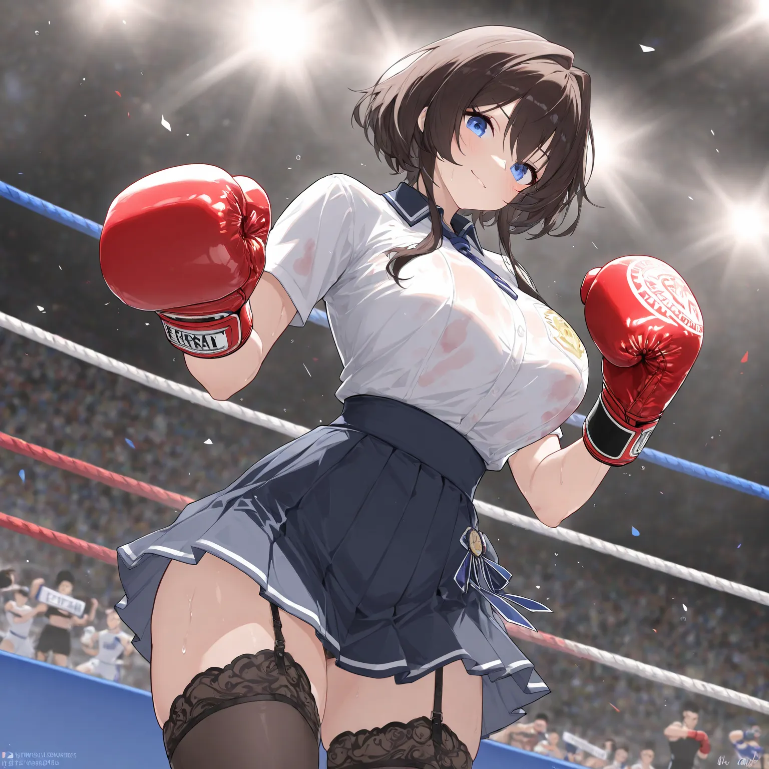 mother heavy weight pro boxer, everlast boxing glove, UHD, retina, super detail, high details, high quality, best quality, 4K, quality, garter stockings, Large Breasts, covered in blood by boxing glove, wear the highschool uniform
