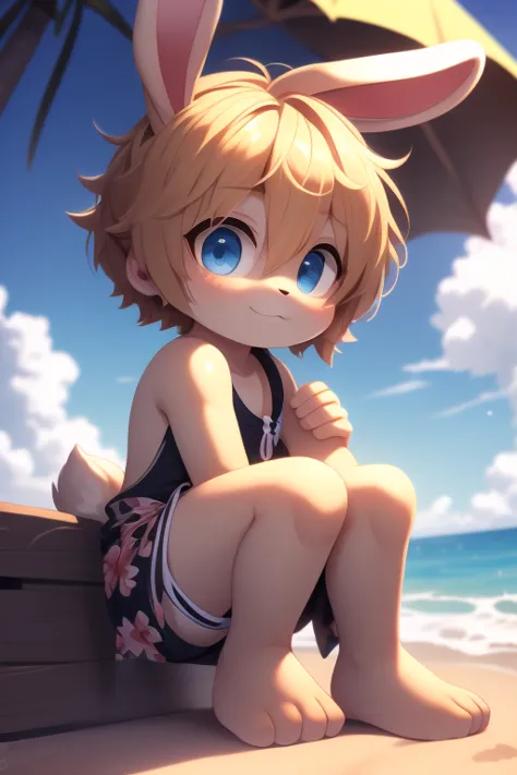 A fully light blue Bunny boy sitting in the ears of a small animal, cute, thick hair, detailed body, Hawaii clothes, beach, cinematic snapshot, lens slot 1.4 from the outside, the best quality, wonderful work  Shota girl 