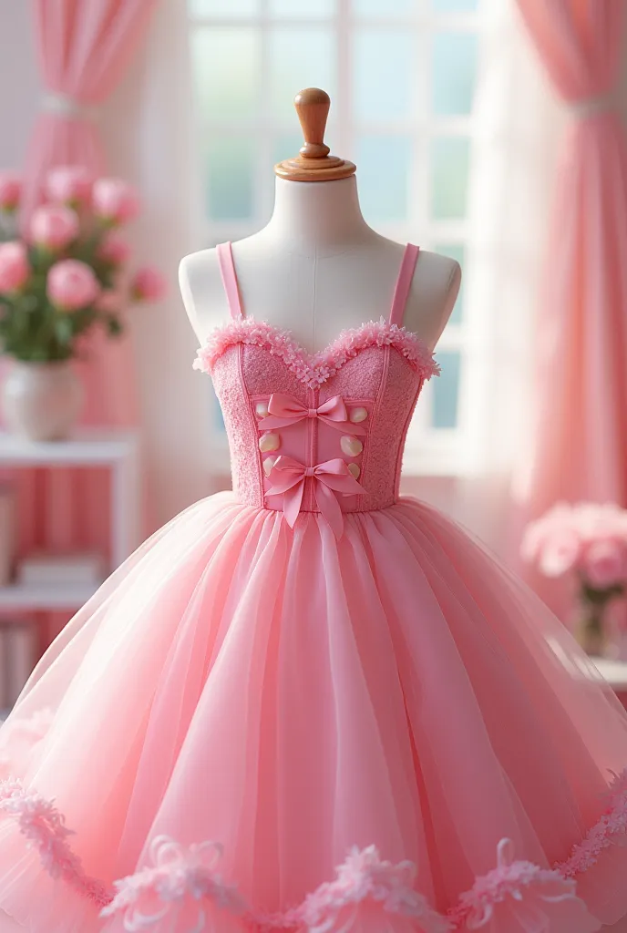 Create a design of a cute pink dress with ribbons design 