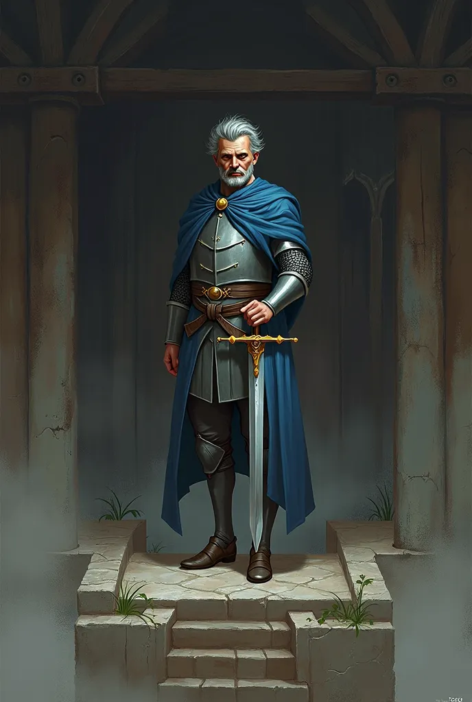 gray armor , Blue cape , One-handed sword and eyes , without helmet , Men with gray hair