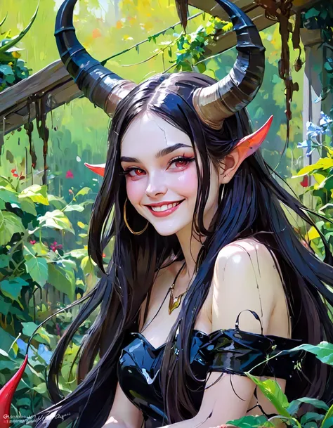 elegant picture frame, brush marks on picture, lots of paint, sexy long hair girl in the garden of eden, horns, demon girl, malevolant smile, art inspired by Wadim Kashin
