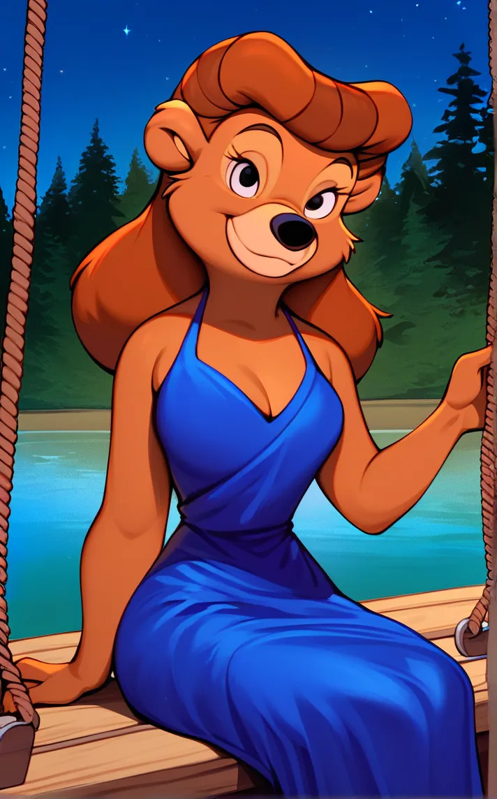 score_9, score_8_up, score_7_up, solo, 1girl, animal nose, bear girl, elegant pose, night,  blue dress, lake background, water, sitting in swing,  smile, closed mouth,  looking at viewer, black eyes, brown fur, brown hair, eyelashes, furry female, long hai...