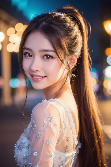 High Quality Portrait of a Girl、long hair、smiles、 Hair、ponytail、mask、glitter effect、beautiful outdoor scenery like an expert、Asahi、 Soft Light 、 delicate details without lighting，Digital Art、realistic、4K Rendering、PROFESSIONAL FINISH、vivid colors、 bokeh ef...