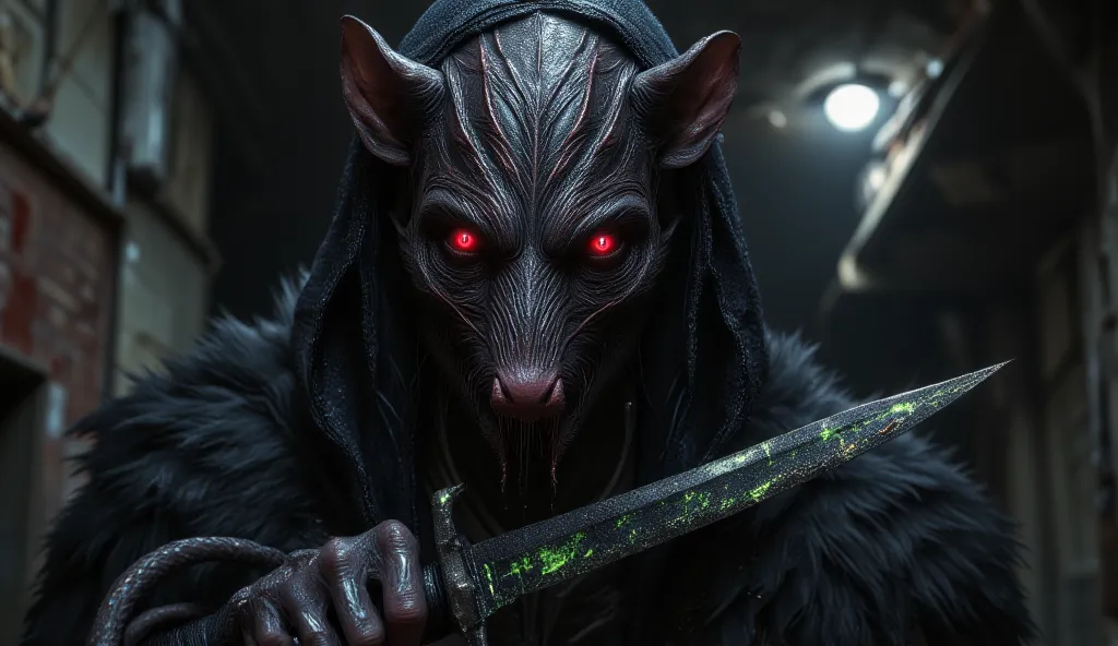 The vile ratman. black skin covered with bald parts. red wild eyes. a long rat's tail. He wears a black hood. and in his hand is a sharp knife with green poison on the blade. The ratman is hiding in the sewer. horror