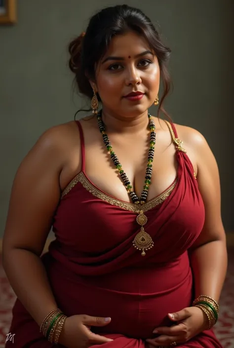 A milf chubby curvy figure voluptuous married bengali woman naughty thick and curvaceous light neutral skin tone woman in completely sweaty hairs, in a traditional attire, lower half of saree is lifted, wearing a deep red messed up elegant saree, no blouse...