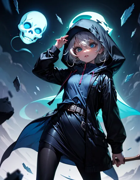 hyper-super-ultra-detailed perfect thing, Illustration, scary face, ((Интимный темно-blue туманный фон), (hair), ((One)), (Best quality), (Grim Reaper Girl), black tights, , Visible through the hair, (Wearing a Grim Reaper costume), (hood), Scalp, (Transpa...