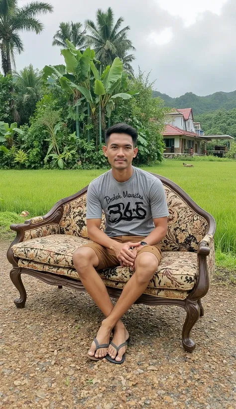 An Indonesian man, wearing a grey t-shirt with the words/logo "366°", brown shorts, flip-flops, is sitting on a patterned sofa in front of a simple house in a cool and beautiful village, with a backdrop of green rice fields, banana trees, bamboo groves, hi...