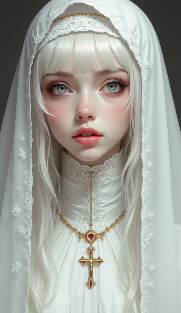   very elaborate  , Digital illustration of a young woman , slender and photorealistic style,       , very elaborate.   This subject is、a pale skinned woman peeking out from under her transparent white nun's clothes。.    she's eye-catching     ,     almond...