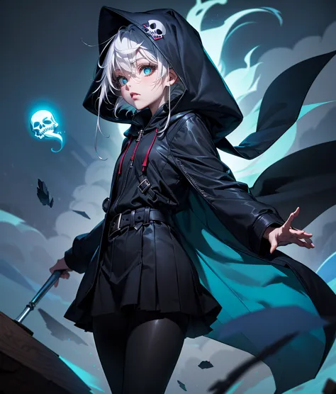 hyper-super-ultra-detailed perfect thing, Illustration, scary face, ((Интимный темно-blue туманный фон), (hair), ((One)), (Best quality), (Grim Reaper Girl), black tights, , Visible through the hair, (Wearing a Grim Reaper costume), (hood), Scalp, (Transpa...