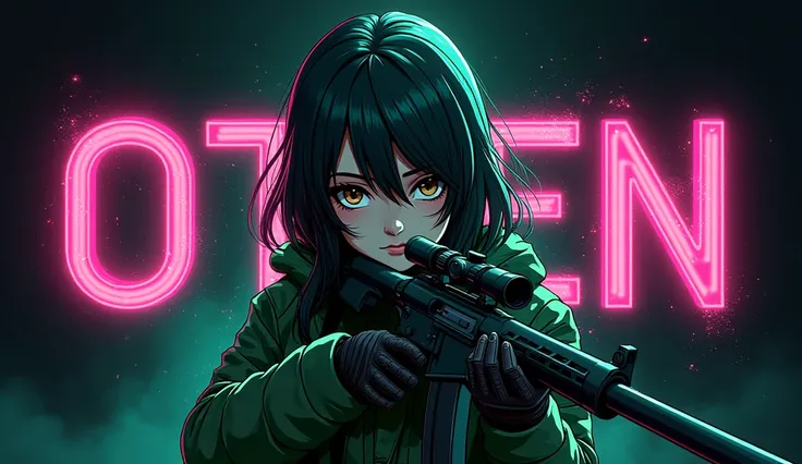 a logo do canal "Otten" features an anime killer holding a sniper, with pink and green glitter and shiny details. She wears a weed green camouflage outfit and has hair with neon reflections. the name "Otten" is in modern font, with neon green and pink effe...