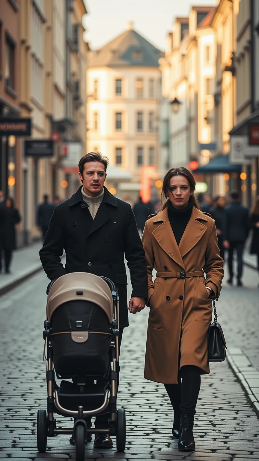 A photograph of A wealthy-looking scandinavian couple happily walking along the streets of Oslo, with the woman pushing a baby stroller.