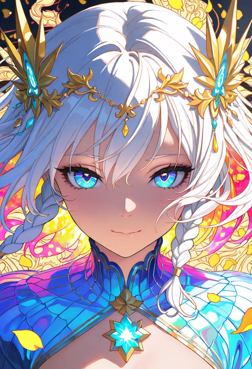 (masterpiece, best quality), highly detailed, sharp lineart, vibrant colors, high contrast lighting, iridescent glow, colorful reflections, intricate hair details, anime-style, expressive eyes, delicate face, white hair, blue eyes, beautiful fantasy illust...