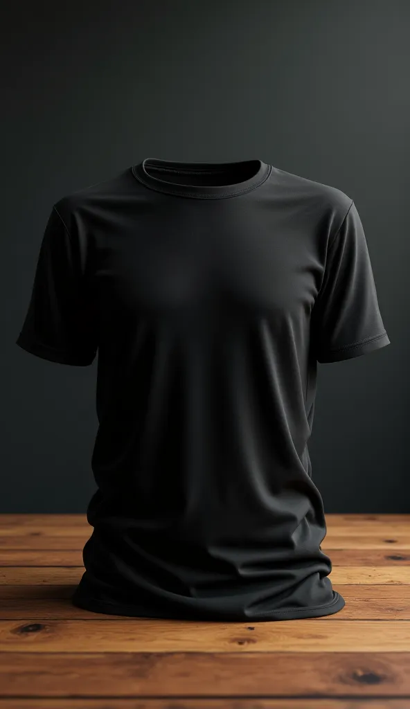 "A cinematic shot of a plain black T-shirt lying on a wooden table, with soft dramatic lighting, realistic fabric texture, moody shadows, 4K resolution