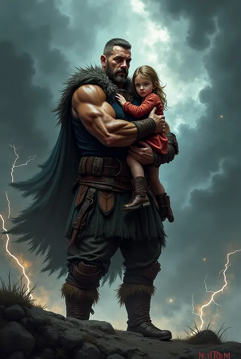 A danish man warrior. Holding a little daughter. Stroms in the background. Letters “Toon” at left corner 