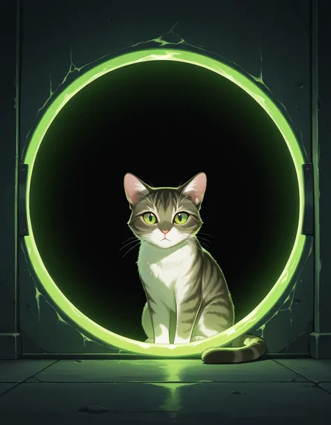 masterpiece, best quality, amazing quality,

dark theme, door on floor, cat viewing door, shinny green lighting from door, (portal:1.2)
