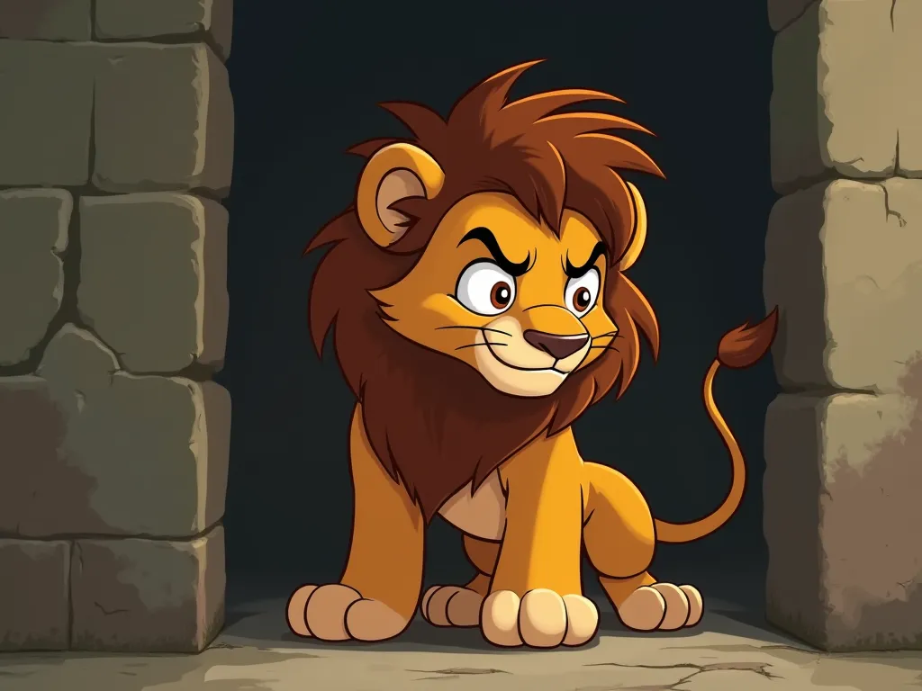 A scared cartoon lion standing with its back against something on the wall, side view