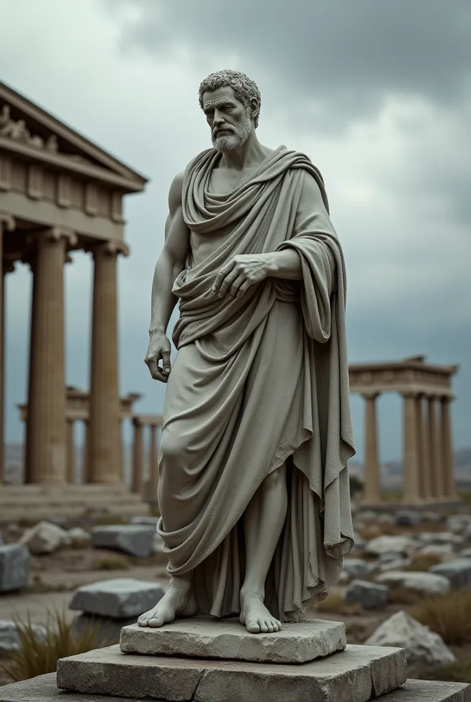 Man statue Greek stoicism with ancient temples background,With cloudy skies closed