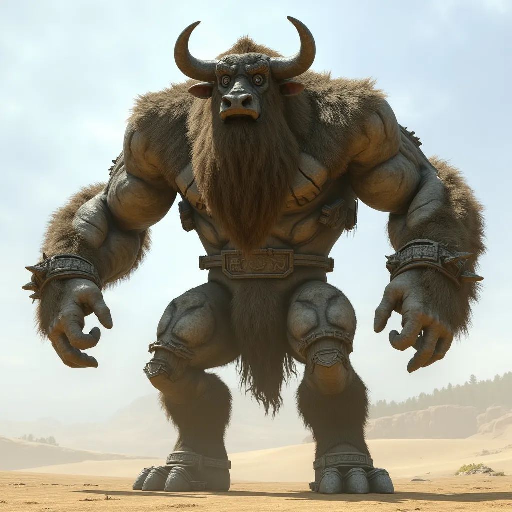 Minotaur with beard Colossus with two arms spread apart two legs in T-Pose