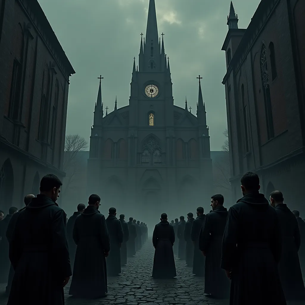 one side of church with priests, other side with mafia members, dark style