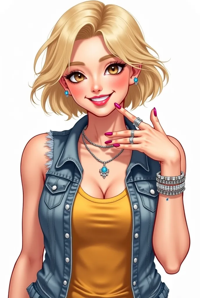  A woman with blond hair , Arrivals and short, white with light brown eyes. Wearing a mustard-colored tank top and a torn denim vest, wearing a silver necklace and silver rings, together with a silver bracelet, with large, rose-painted nails and a captivat...