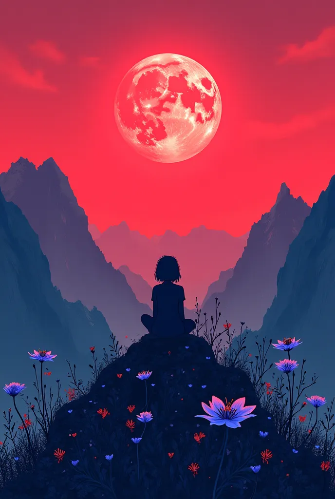 A hyper realistic of a mountainous background with blood red sky adorn a Cresent Phase Moon  and there sits a shadow figure of a girl.  At the forefront of the illustration would be detailed picture of blue-colored spider lily 