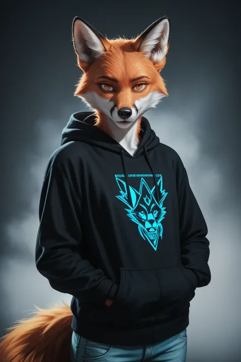 Furry, solo, anthropomorphic character, a furry fox wearing black_squid_hoodie 