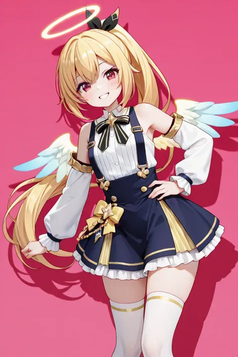 A bright and mischievous girl with a playful, devilish personality, yet with an angelic twist. She has vibrant golden-blonde hair styled in a side long ponytail, adorned with a glowing halo above her head. She wears a JK uniform with added fantasy elements...