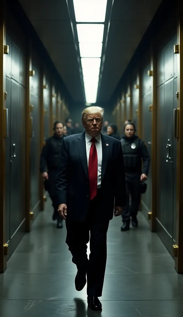 Donald Trump, in a dark, high-tech underground bunker, walks briskly down a long, dimly-lit hallway. His face is stern, reflecting the gravity of the situation as he enters a large, secure room. The bunker is a mix of luxurious and utilitarian, with polish...