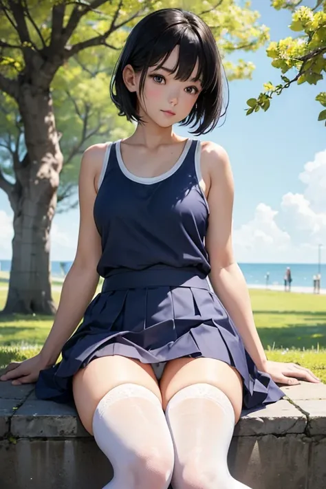 ((8k,Greatest Masterpiece,realistic images,Japanese,Perfect human anatomy,Body balance,Complete Proximity,  girl )),from before, innocent face, gentle eyes,ish, beautiful feet, short white tank top ,short navy blue skirt, black hair, semi-long,noon, bright...