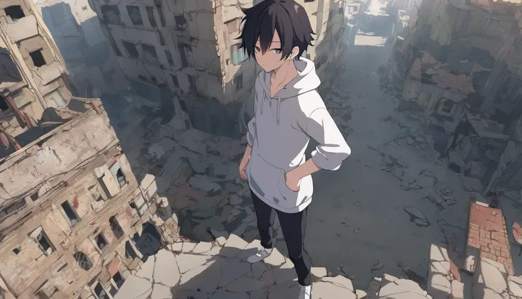 A young anime man，black hair， A young man in a white hoodie ，black pants，Standing on a ruined city street