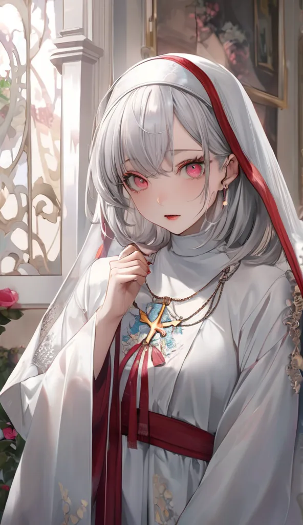   very elaborate  , Digital illustration of a young woman , slender and photorealistic style,       , very elaborate.   This subject is、a pale skinned woman peeking out from under her transparent white nun's clothes。.    she's eye-catching     ,     almond...