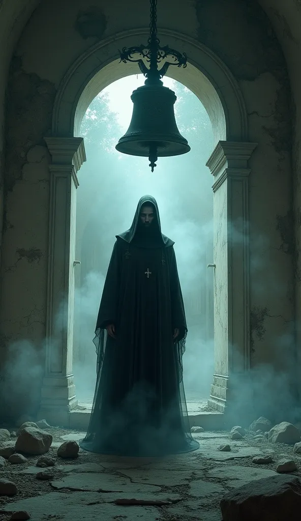 A ghostly priest, his hollow eyes staring, stands beneath an old bell in a ruined chapel. Whispered voices echo in the air, warning intruders to leave."

