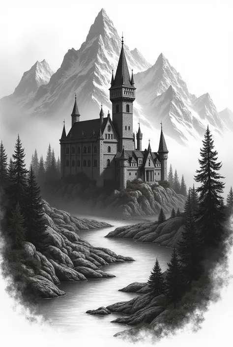 I needed a background for an eskiz tattoo in black and white, there was a castle with mountains and a river