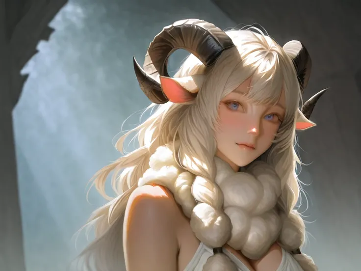 a beautiful monster_girl, sheep_girl, wooly white hair, light brown skin, black ram horns, hooves, full body portrait