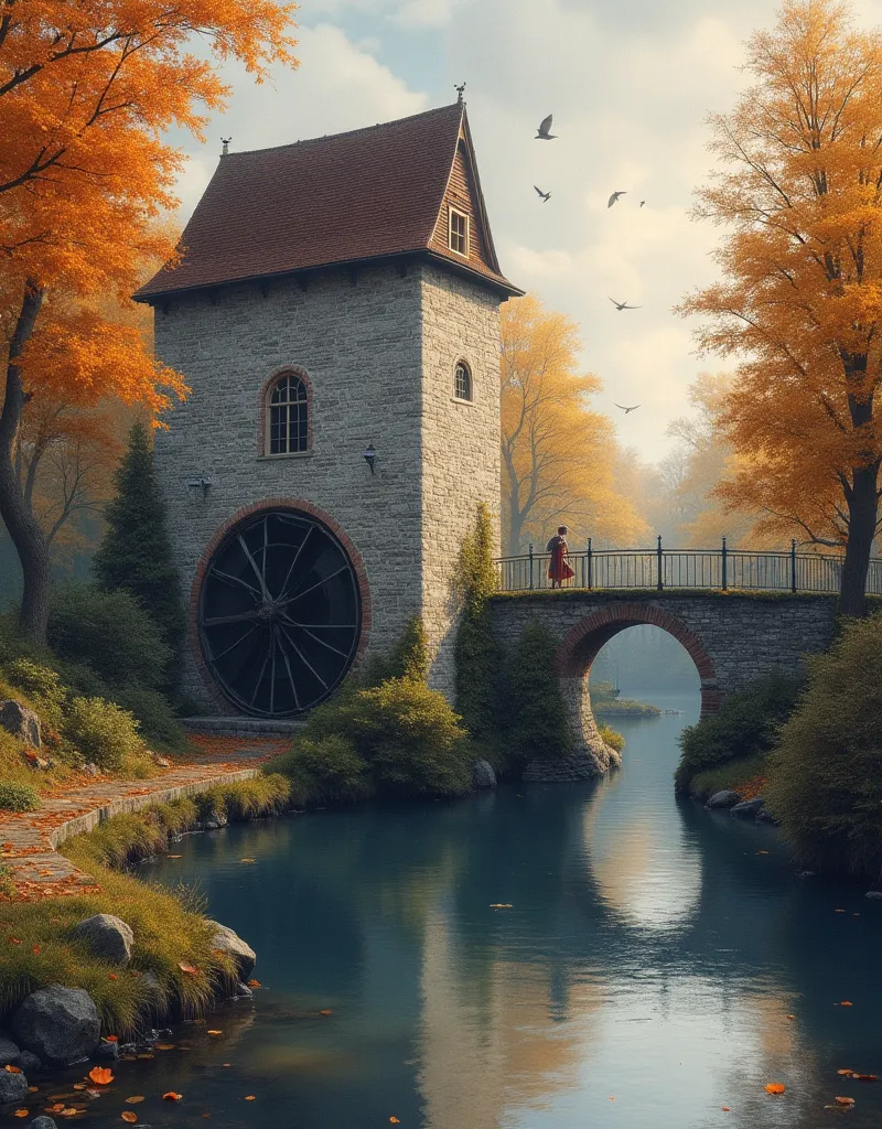 ""masterpiece""(oil painting,, Water mill,,gray brick from the German classical era in a river, water wheel in operation, autumn, atmospheric maximalist digital matte painting,  round, granulate, Intricate,  meticulously detailed , dramatic and cinematic e...