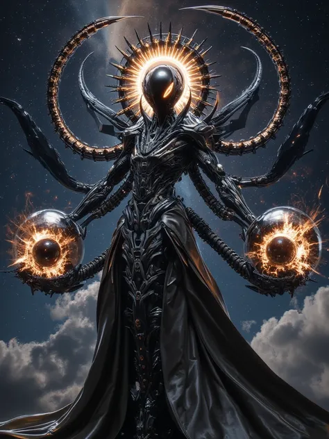 "A highly detailed futuristic cybernetic entity with a mechanical humanoid form, standing against a cosmic night sky filled with stars and swirling clouds. The entity has an imposing presence, adorned with a sleek metallic exoskeleton, intricate mechanical...