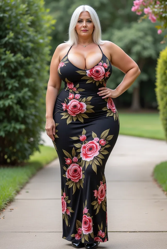 hyperrealistic image.  HD quality. Sexy grandmother, 58-year-old mature. voluptuous and curvilinear body, hourglass figure, wasp's waist, wide hips, thick thighs, large butt,  big busts, viste Save A Dance Maxi Dress - floral,  wear shiny black heels, stra...