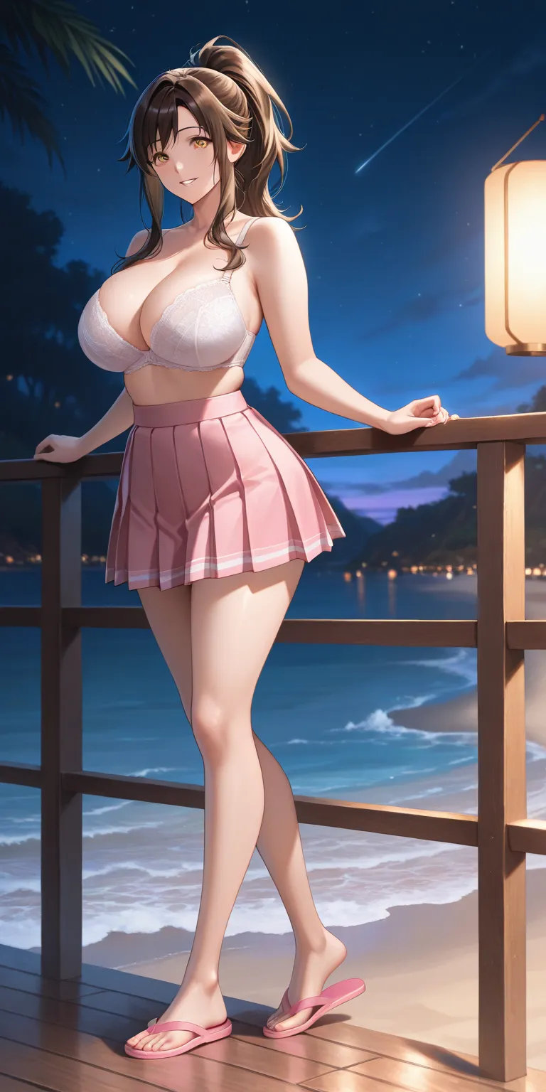 Masterpiece, newest, vibrant, mature woman\(jupiter\), makoto kino, high ponytail long hair, tall, big breast, white bra, pink pleated mini skirt, pink flip flops, full body, parted lips, smile, night on the beach, ultra detailed, highres, best quality, se...