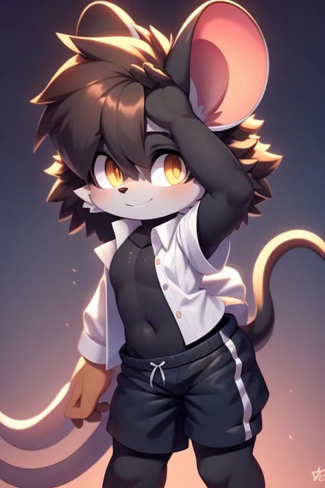 Cute mouse boy with thick hair, mouse ears and tail, detailed body, open shirt, short pants, colorful background, beautiful quality 