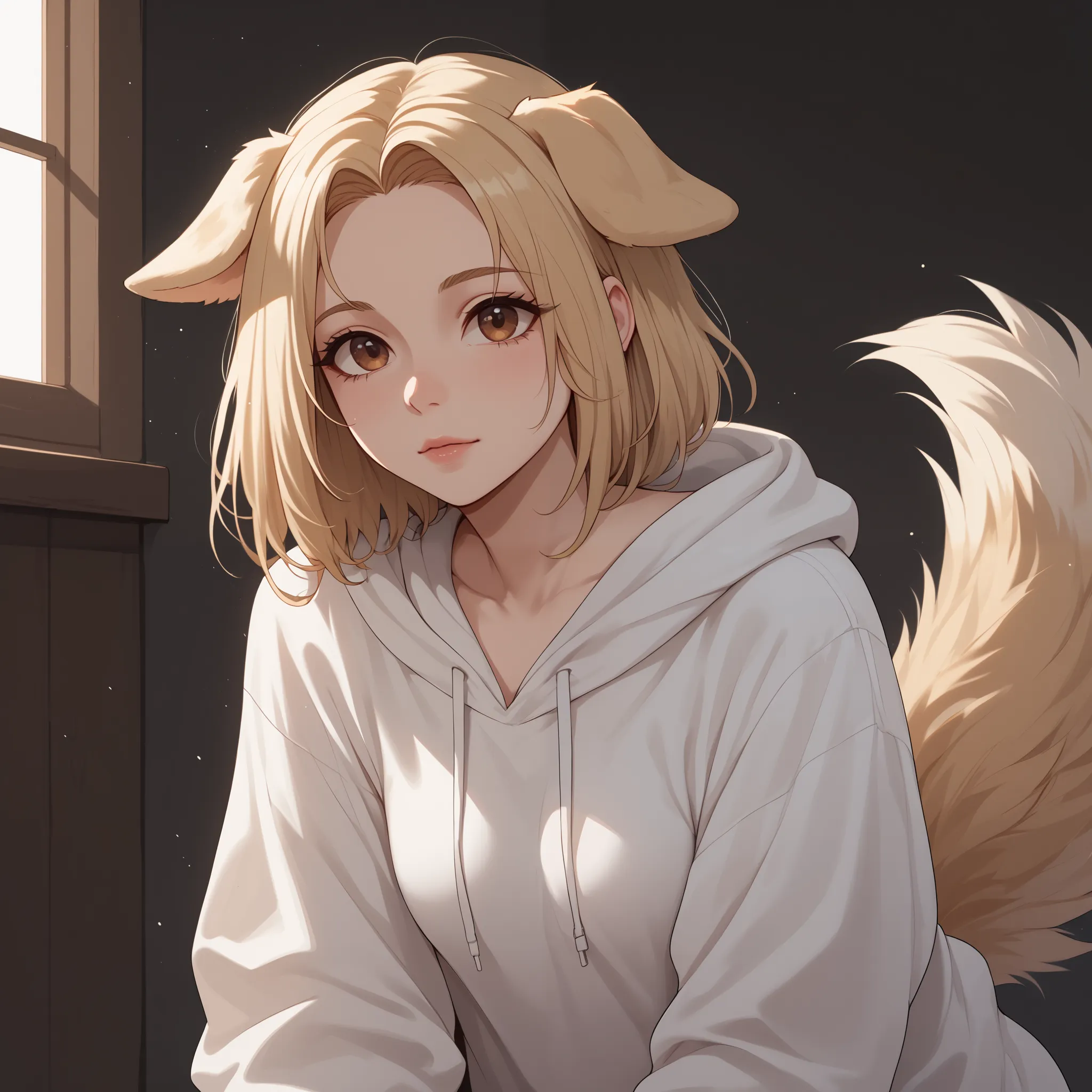 (Masterpiece) (High Detail) (High Res) A short curvy slim Humanoid canine female with pale human skin and brown eyes and long blonde straight hair and fluffy blonde floppy doggy canine ears and a long fluffy blonde doggy canine tail and medium breasts. She...