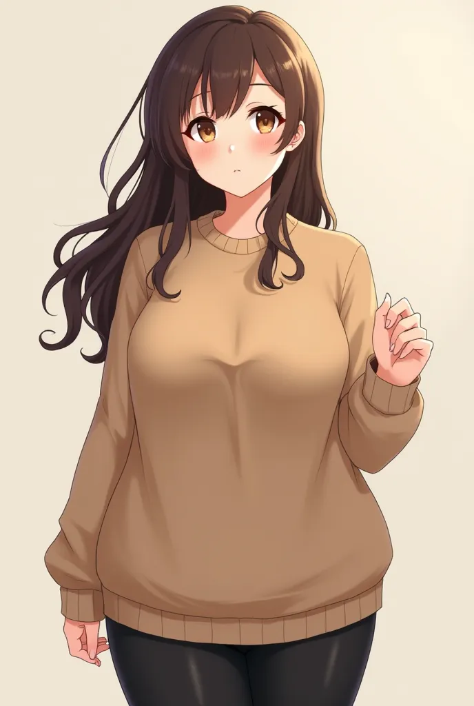 A chubby, curvy, voluptous, anime wife with long, brown hair, and brown eyes, wearing a kaki sweater and black pants, with a shy and meek demeaner.