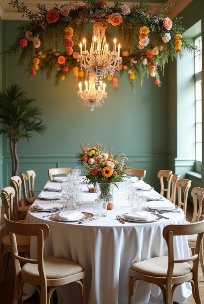 Table ronde de mariage pour 8 personnes, avec nappe blanche, vaisselle standard de traiteur, serviettes blanches, chemin de table vert sauge en gaze de coton legerement froissé, 3 chandeliers en laiton depareillés portant chacun 1 chandelle rose poudré, 3 ...