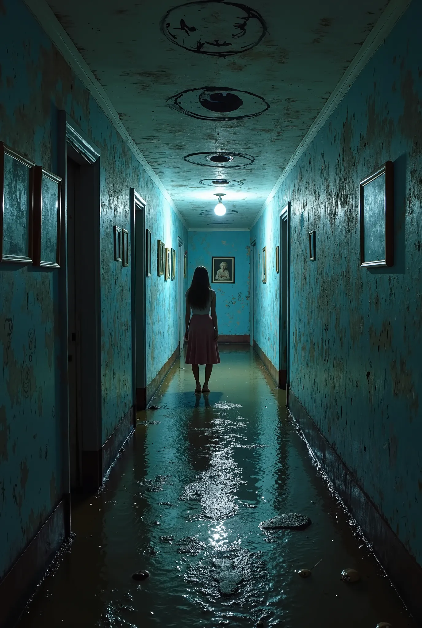 Photo realistic old hallway with water pooled down the hallway, blue wash, peeling wallpaper, 1970s, silent hill, women hidden in the shadow, water is ankle deep, eyes are blinking in paintings, all looking at girl, black painted symbols on ceiling, 7 girl...