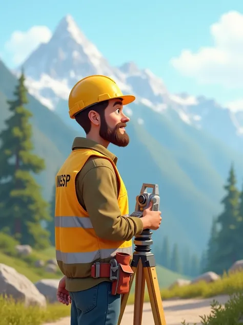 Animated image of a young civil engineer with a beard carrying out a topographic survey with total station in the mountains, You must be looking on the left side, yellow vest, The name INGESP must have the name INGESP on the back of the vest 